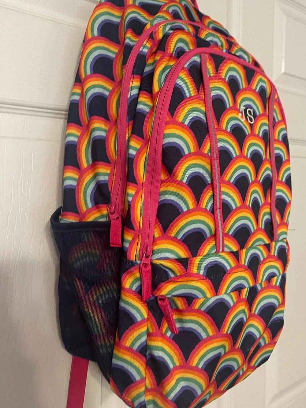 Lands' End Kids ClassMate Large Navy Backpack with Rainbow Print and Pink Trim
